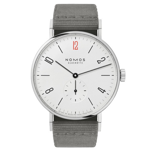 Montre Nomos Tangente 38 - 50 ans de Médecins Sans Frontières Ed. limitée 2021 ex. automatique cadran blanc bracelet textile gri