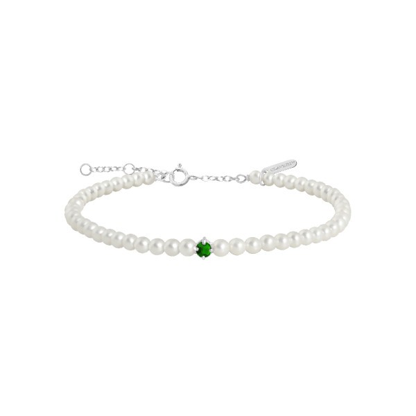 Bracelet Claverin Fresh Princess in white gold, white pearls and emerald