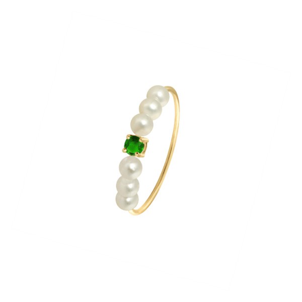 Ring Claverin Fresh Princess in yellow gold, white pearls and emerald