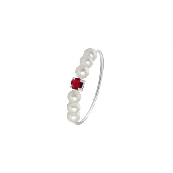 Bague Claverin Fresh Princess en or blanc perles blanches et rubis