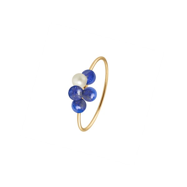 Bague Claverin Bouquet of pearls en or jaune perle blanche et perles de Lapis Lazuli