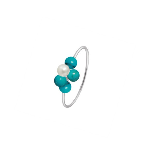 Ring Claverin Bouquet of pearls in white gold, white pearl et turquoises