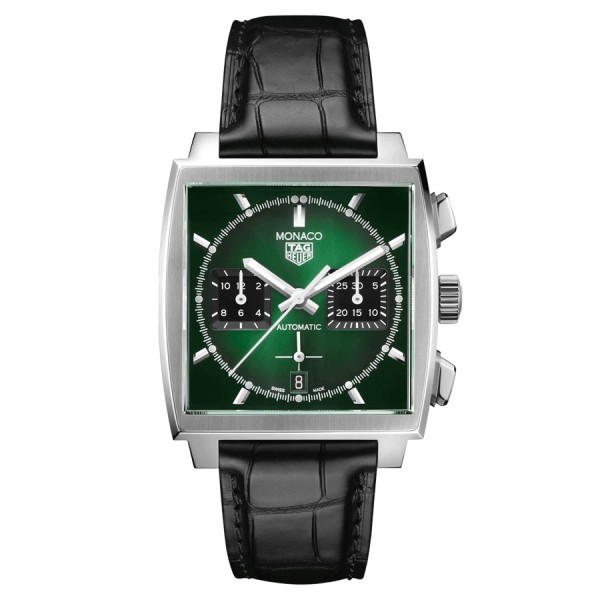 Montre TAG Heuer Monaco Green Dial Chronographe automatique Ed. Limitée 500 ex. cadran vert bracelet cuir noir 39 mm CBL2116.FC6