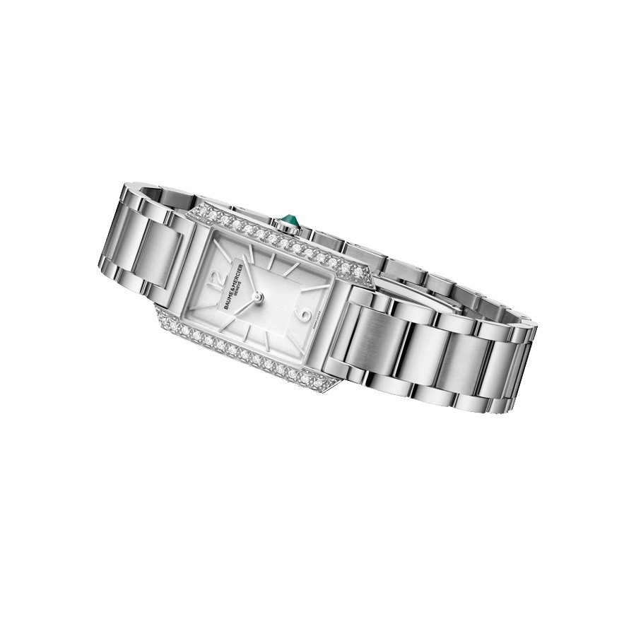 Watch Baume et Mercier Hampton quartz bezel set silver dial steel bracelet 35 x 22 mm 10631