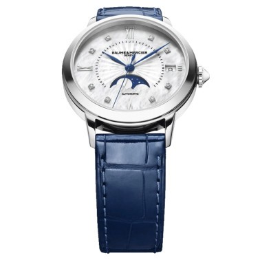 Baume et Mercier Classima Moon Phase automatic watch diamond markers white mother of pearl dial blue leather strap 34 mm 10633