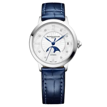 Baume et Mercier Classima Moon Phase automatic watch diamond markers white mother of pearl dial blue leather strap 34 mm 10633