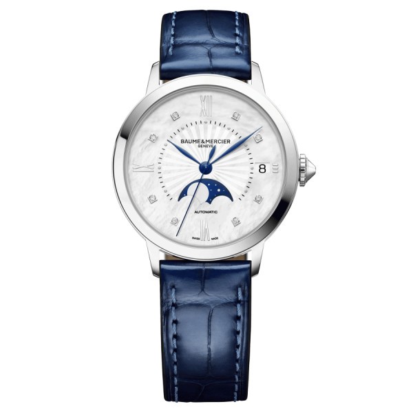 Baume et Mercier Classima Moon Phase automatic watch diamond markers white mother of pearl dial blue leather strap 34 mm 10633