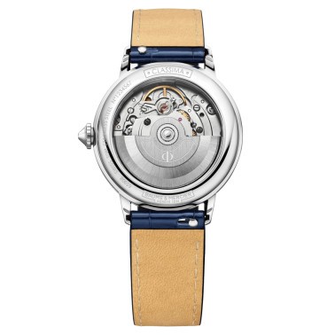 Baume et Mercier Classima Moon Phase automatic watch diamond markers white mother of pearl dial blue leather strap 34 mm 10633