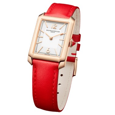Montre Baume et Mercier Hampton quartz Or rose cadran argenté bracelet cuir orange 35 x 22 mm 10628