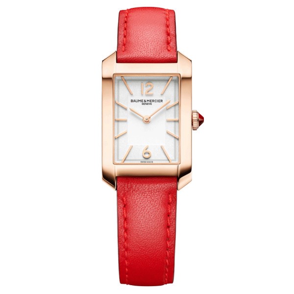 Montre Baume et Mercier Hampton quartz Or rose cadran argenté bracelet cuir orange 35 x 22 mm 10628