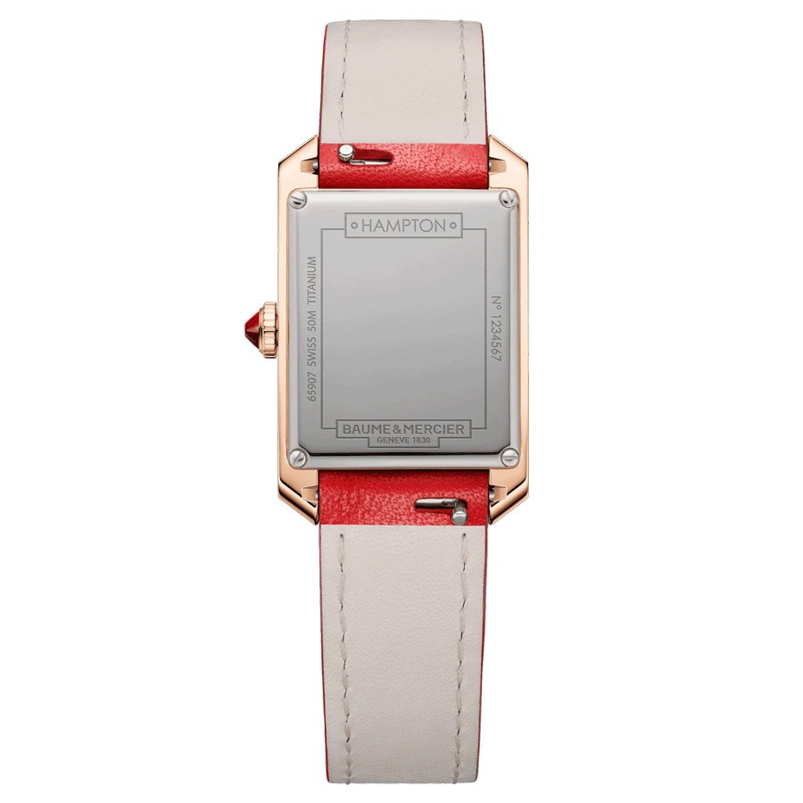 Montre Baume et Mercier Hampton quartz Or rose cadran argenté bracelet cuir orange 35 x 22 mm 10628