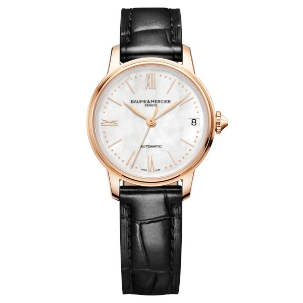 Montre Baume et Mercier Classima Or rose automatique cadran nacre blanche bracelet cuir noir 31 mm 10598