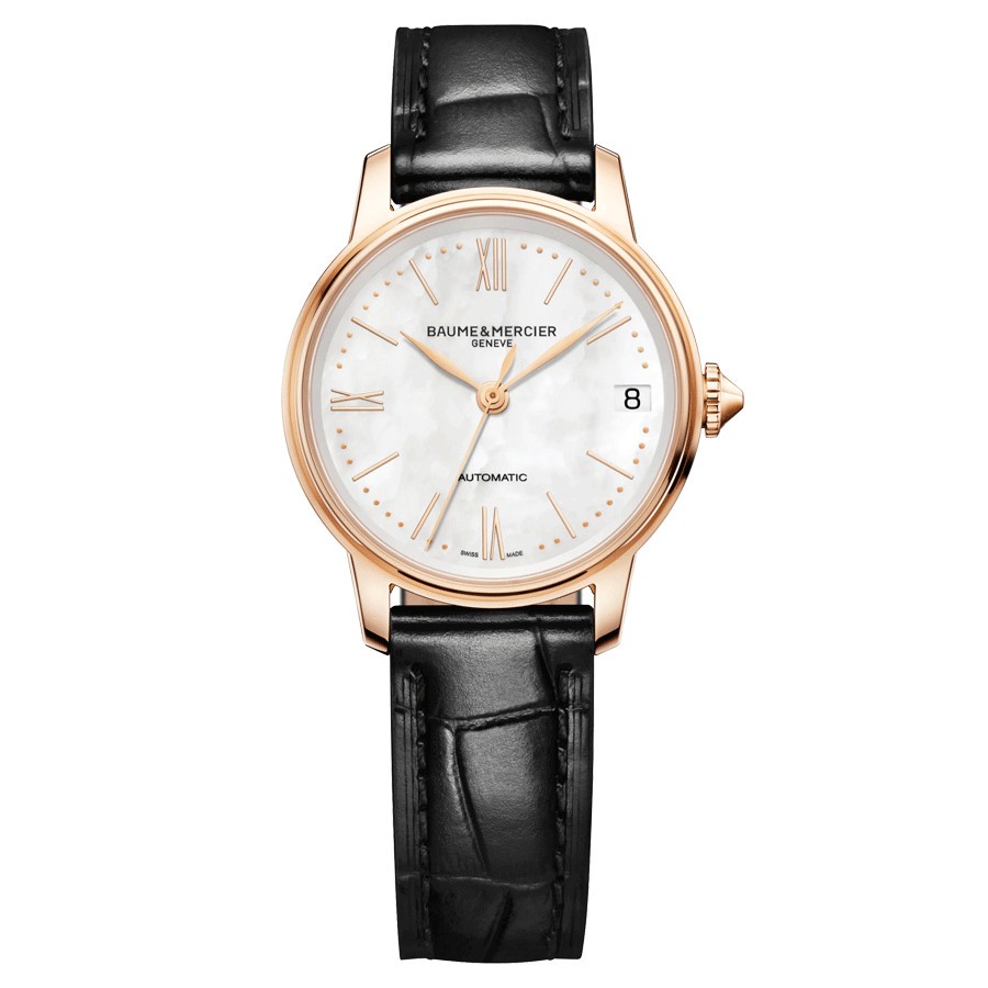 Montre Baume et Mercier Classima Or rose automatique cadran nacre blanche bracelet cuir noir 31 mm 10598