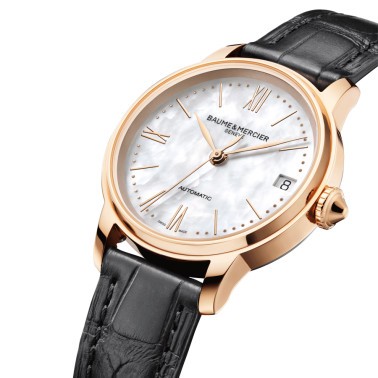 Montre Baume et Mercier Classima Or rose automatique cadran nacre blanche bracelet cuir noir 31 mm 10598