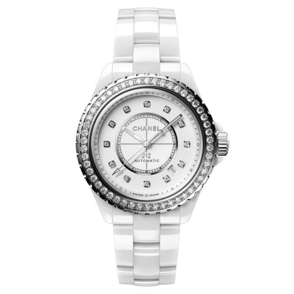 Montre CHANEL J12 automatique lunette sertie index diamants cadran blanc bracelet céramique blanche 38 mm H7189