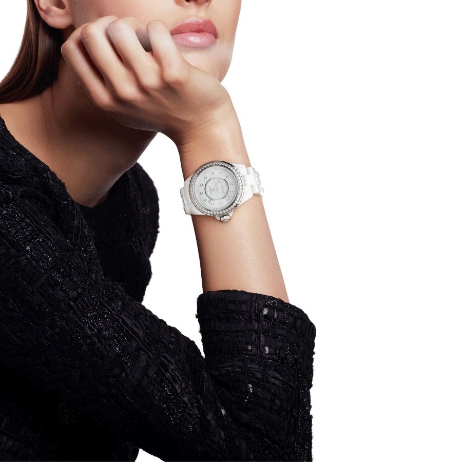 CHANEL J12 automatic watch bezel set with diamond markers white dial white ceramic bracelet 38 mm H7189