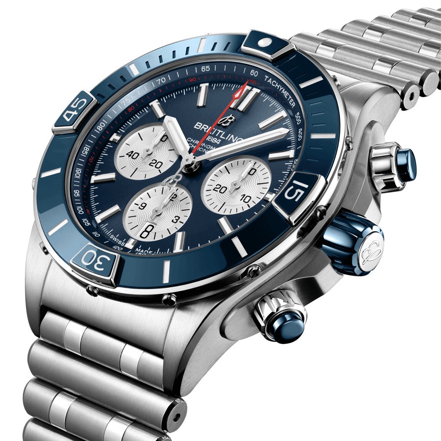 Breitling Super Chronomat B01 automatic watch blue dial steel bracelet 44 mm AB0136161C1A1