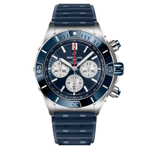 Breitling Super Chronomat B01 automatic watch blue dial blue rubber strap 44 mm AB0136161C1S1