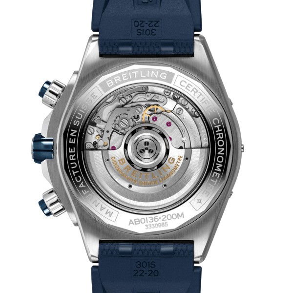 Montre Breitling Super Chronomat B01 automatique cadran bleu bracelet caoutchouc bleu  44 mm AB0136161C1S1