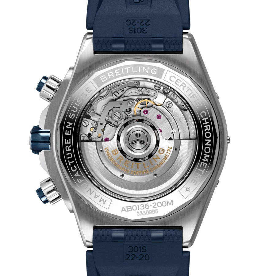 Montre Breitling Super Chronomat B01 automatique cadran bleu bracelet caoutchouc bleu  44 mm AB0136161C1S1