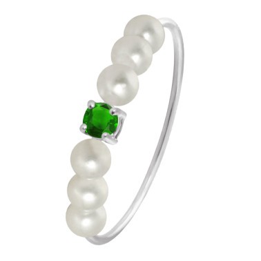 Ring Claverin Fresh Princess in white gold, white pearls and emerald