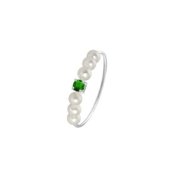 Ring Claverin Fresh Princess in white gold, white pearls and emerald