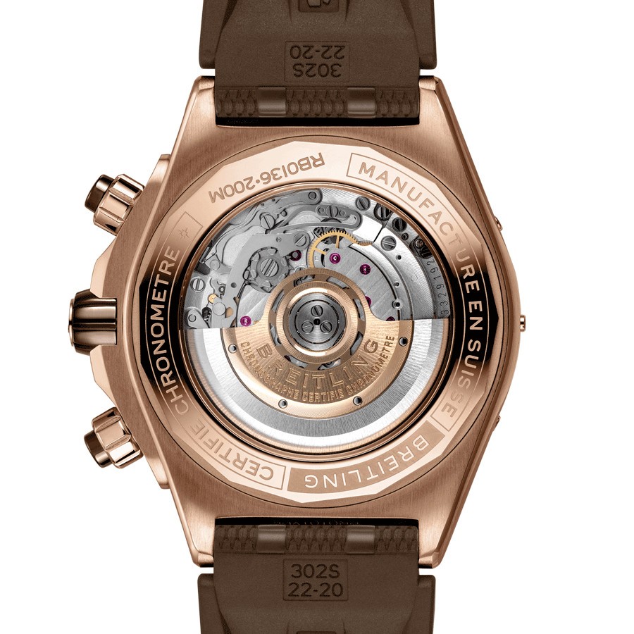 Breitling Super Chronomat B01 pink gold automatic watch brown dial brown rubber strap 44 mm RB0136E31Q1S1