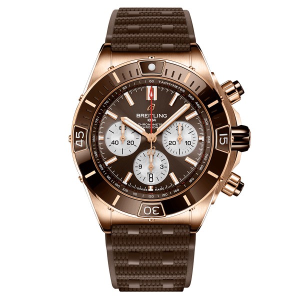 Breitling Super Chronomat B01 pink gold automatic watch brown dial brown rubber strap 44 mm RB0136E31Q1S1