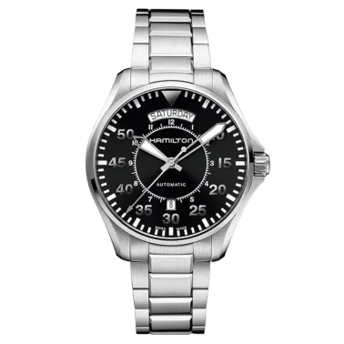 Montre Hamilton Khaki Aviation Pilot Day Date cadran noir bracelet acier 42 mm - H64615135