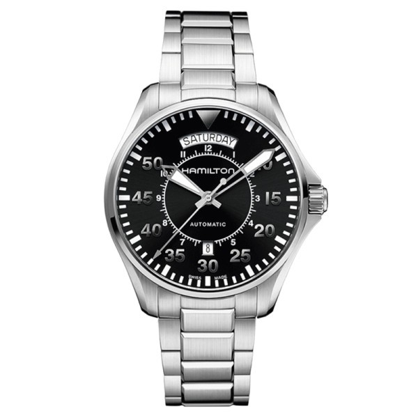 Montre Hamilton Khaki Aviation Pilot Day Date cadran noir bracelet acier 42 mm