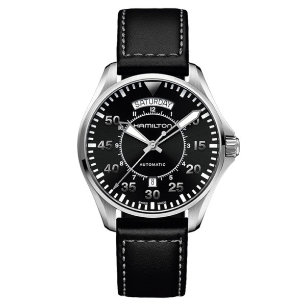Montre Hamilton Khaki Aviation Pilot Day Date cadran noir bracelet cuir noir 42 mm - SOLDAT PL