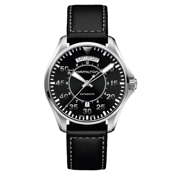 Montre Hamilton Khaki Aviation Pilot Day Date cadran noir bracelet cuir noir 42 mm