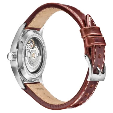 Montre Hamilton Khaki Field cadran argenté bracelet cuir brun 38 mm