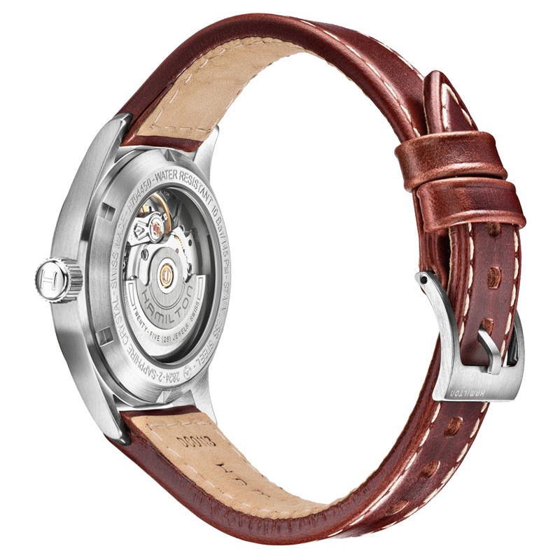 Montre Hamilton Khaki Field cadran argenté bracelet cuir brun 38 mm