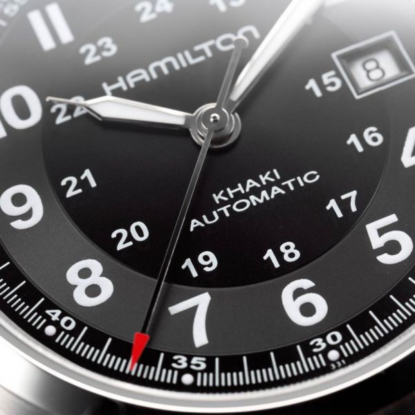 Hamilton Khaki Field automatic watch black dial brown leather strap 42 mm H70555533