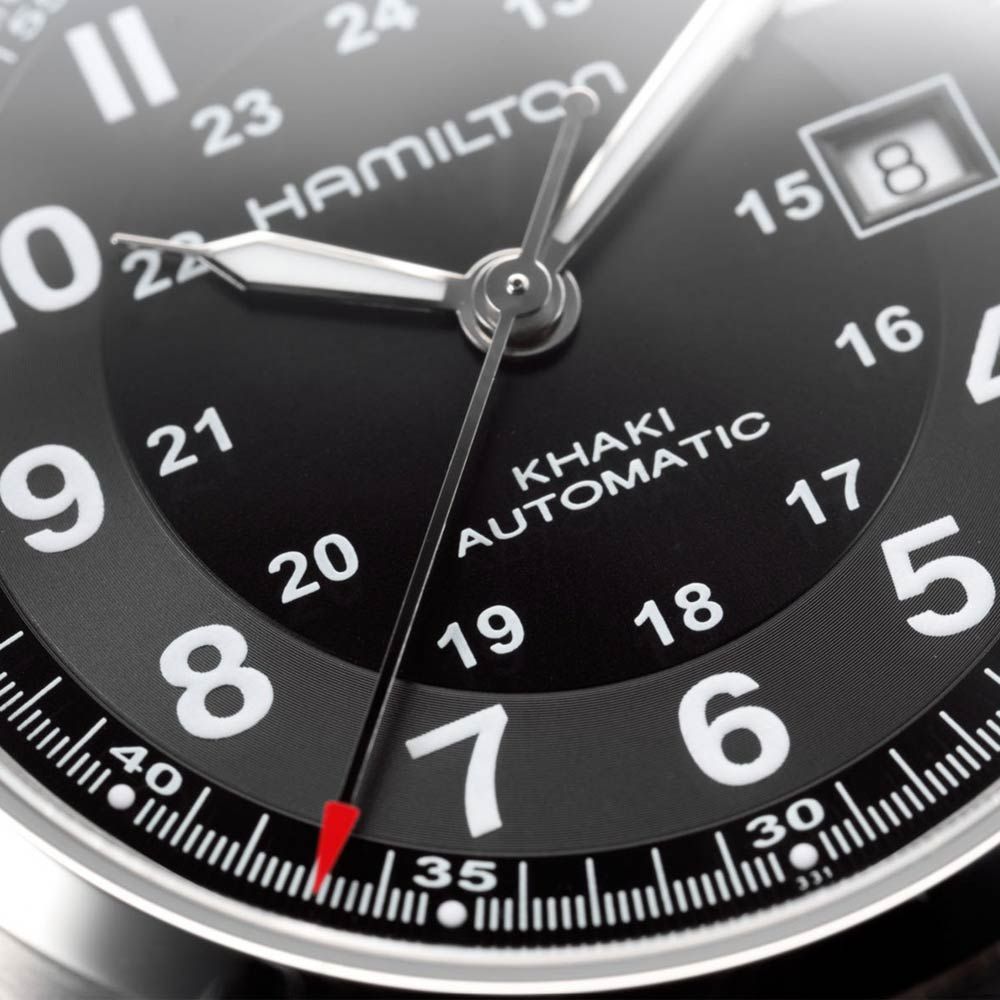 Hamilton Khaki Field automatic watch black dial brown leather strap 42 mm H70555533