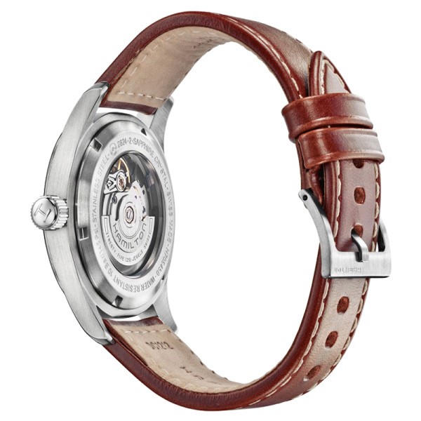 Hamilton Khaki Field automatic watch black dial brown leather strap 42 mm H70555533