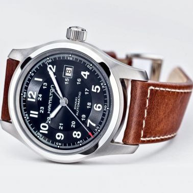 Hamilton Khaki Field automatic watch black dial brown leather strap 42 mm H70555533