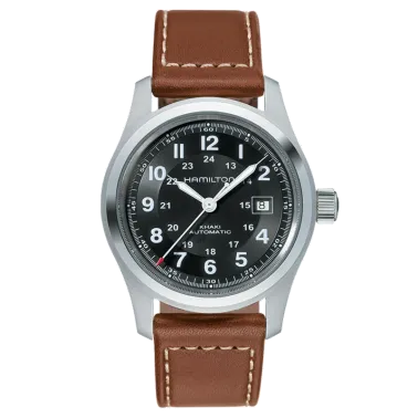 Montre Hamilton Khaki Field cadran noir bracelet cuir brun 42 mm H70555533