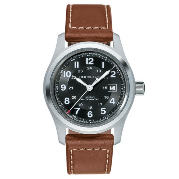 Montre Hamilton Khaki Field cadran noir bracelet cuir brun 42 mm H70555533