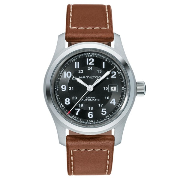 Montre Hamilton Khaki Field cadran noir bracelet cuir brun 42 mm