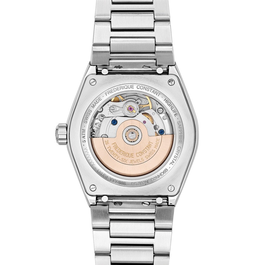 Frédérique Constant Highlife Ladies automatic watch bezel set with blue dial steel bracelet 34 mm FC-303NSD2NHD6B