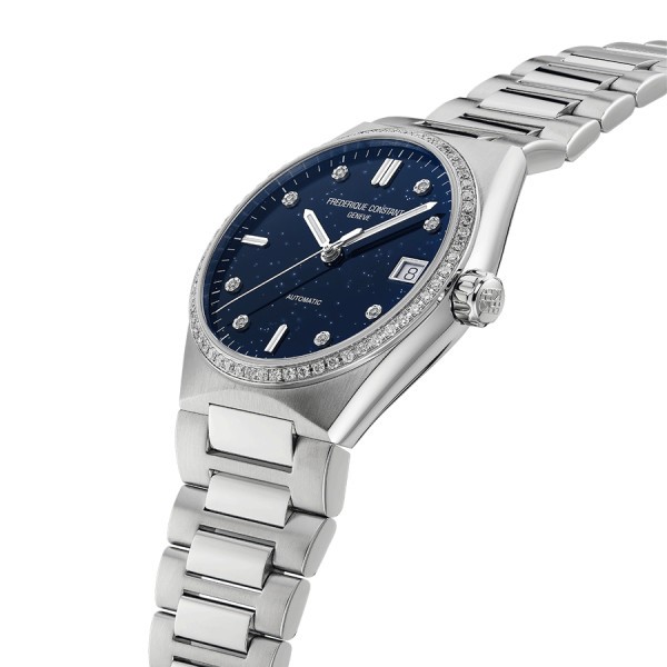 Frédérique Constant Highlife Ladies automatic watch bezel set with blue dial steel bracelet 34 mm FC-303NSD2NHD6B