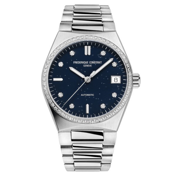 Frédérique Constant Highlife Ladies automatic watch bezel set with blue dial steel bracelet 34 mm FC-303NSD2NHD6B