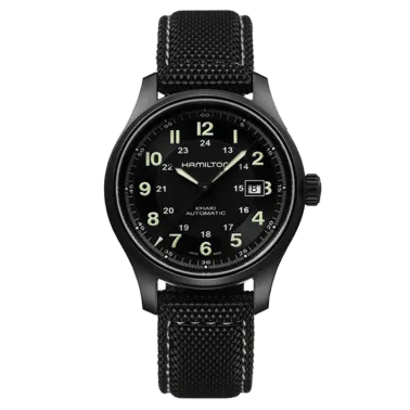 Montre Hamilton Khaki Field cadran noir bracelet textile noir 42 mm