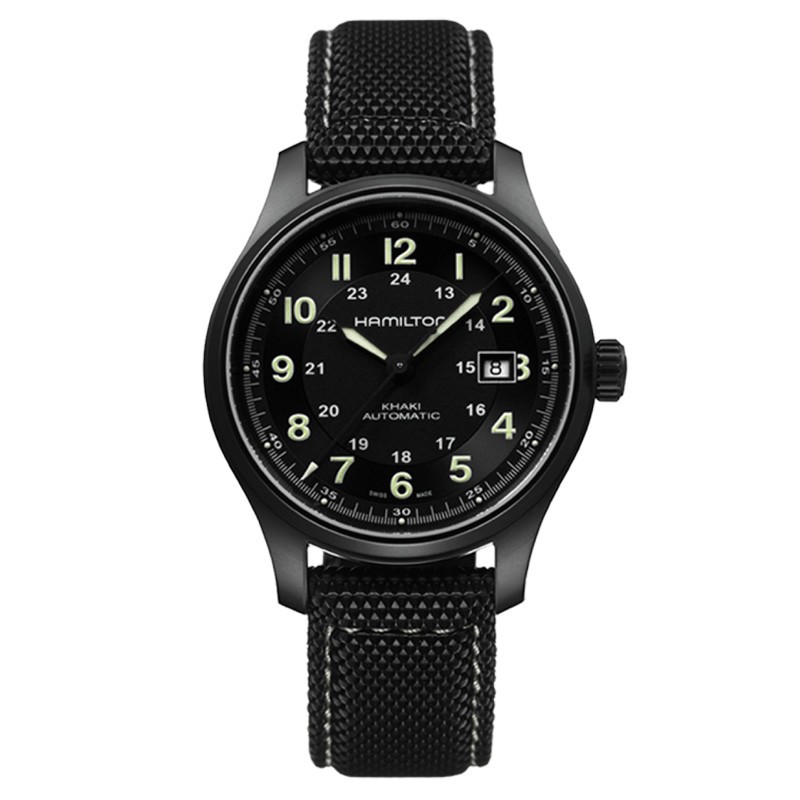 Montre Hamilton Khaki Field cadran noir bracelet textile noir 42 mm - SOLDAT PL