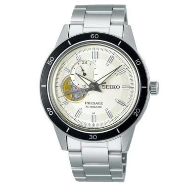 Montre Seiko Presage Style 60s Cœur ouvert automatique cadran blanc bracelet acier 40,8 mm SSA423J1