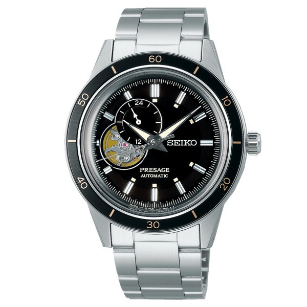 Montre Seiko Presage Style 60s Cœur ouvert automatique cadran noir bracelet acier 40,8 mm SSA425J1