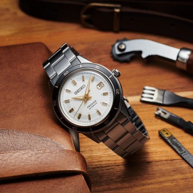 Montre Seiko Presage Style 60s automatique cadran blanc bracelet acier 40,8 mm SRPG03J1