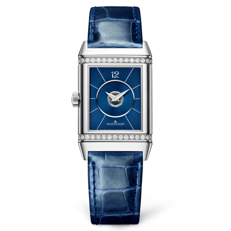 Montre Jaeger-LeCoultre Reverso Classic Duetto automatique lunette sertie cadran argenté bracelet cuir bleu 40 x 24,4 mm Q257848